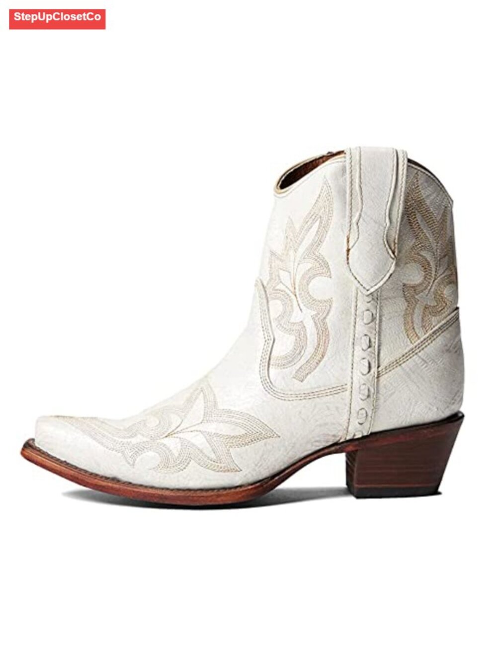 Women's Western Cowboy Ankle Boots Low Heel Leather Embroidery Zipper Snip Toe